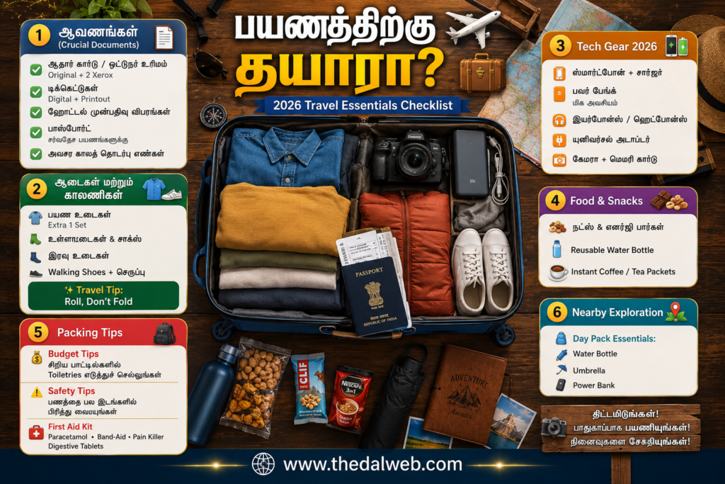 Travel packing checklist essentials for 2026 trip in Tamil.